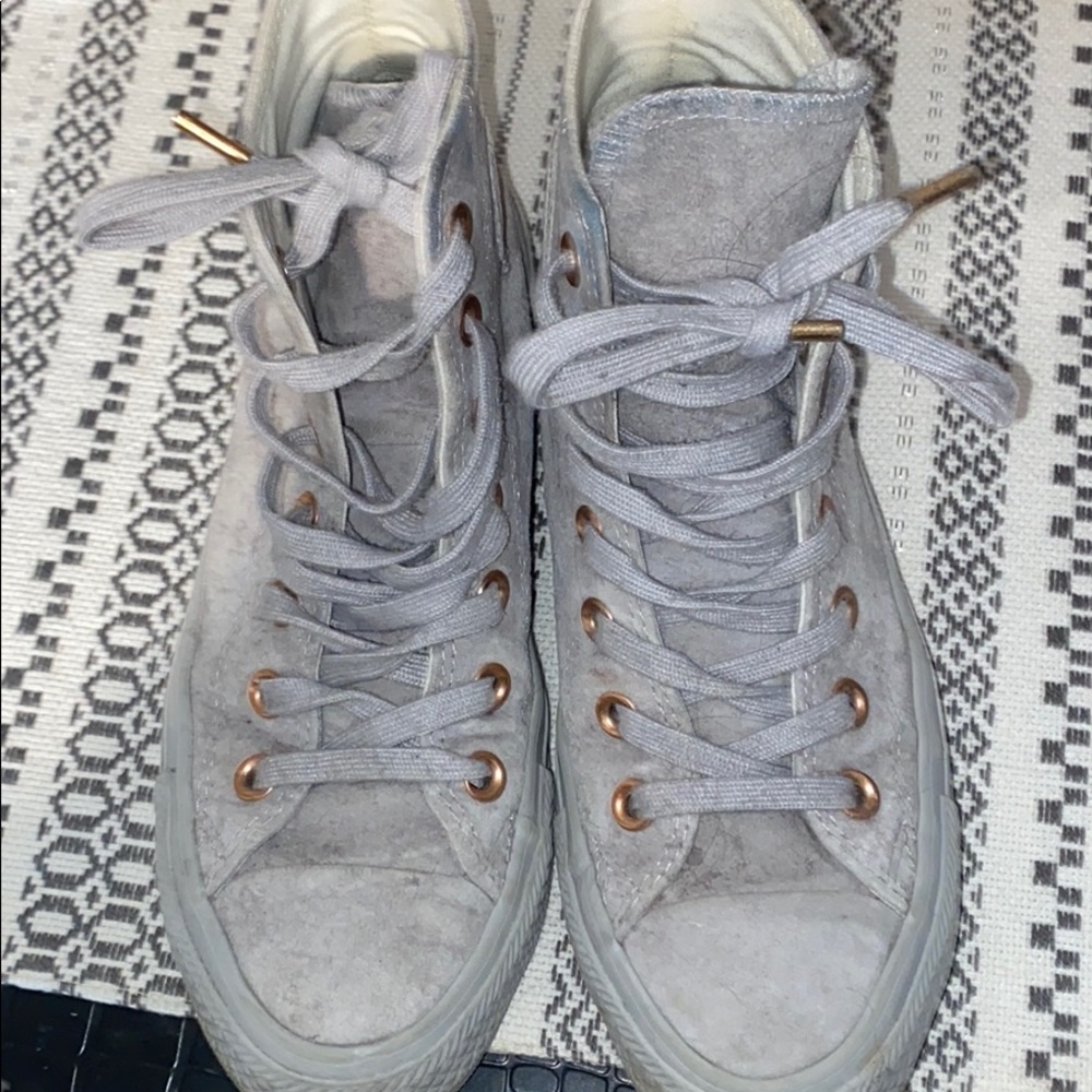 velvet grey and rose gold hightop converse